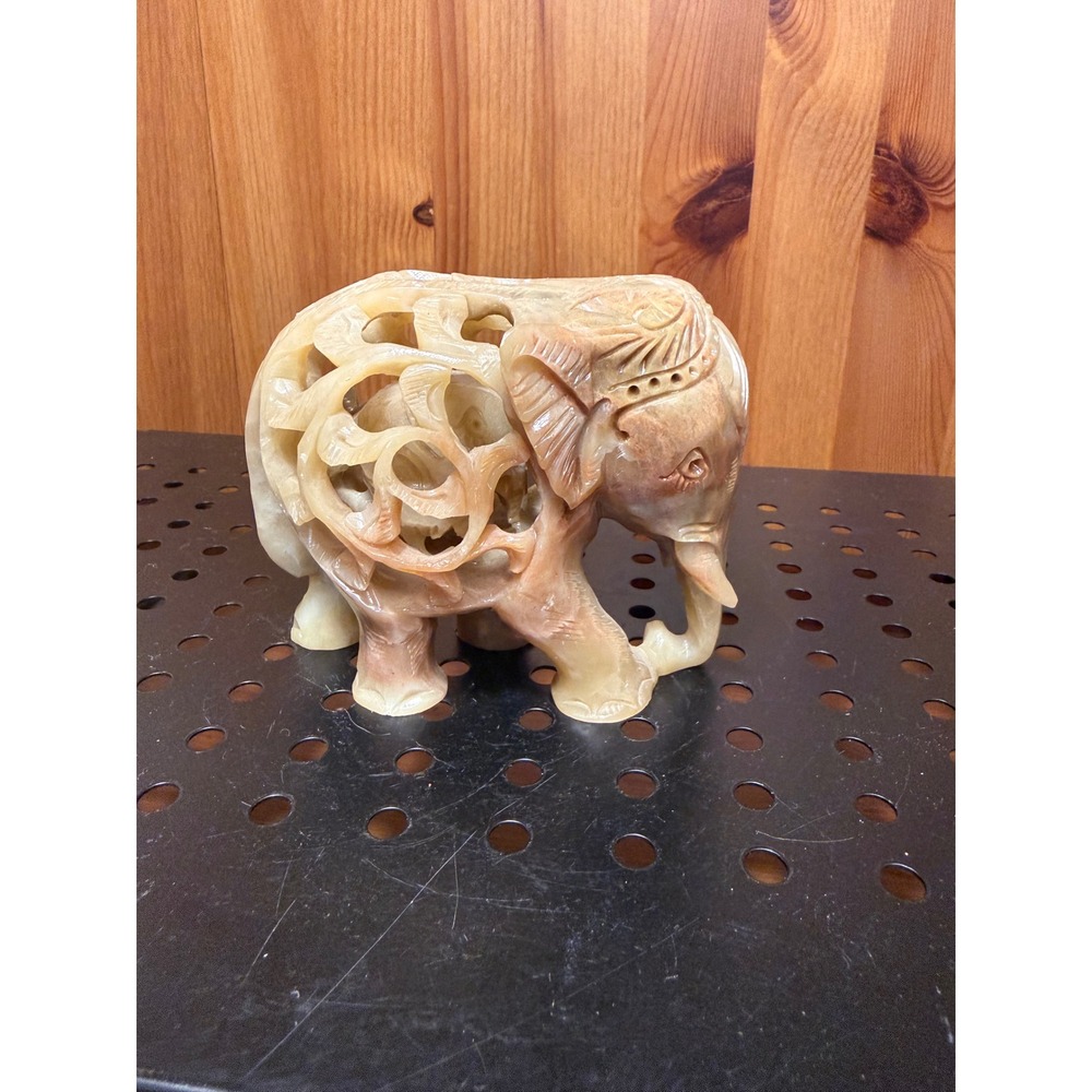 Hand Carved Soapstone Elephant Figurine Lattice Cutout Elephant Inside